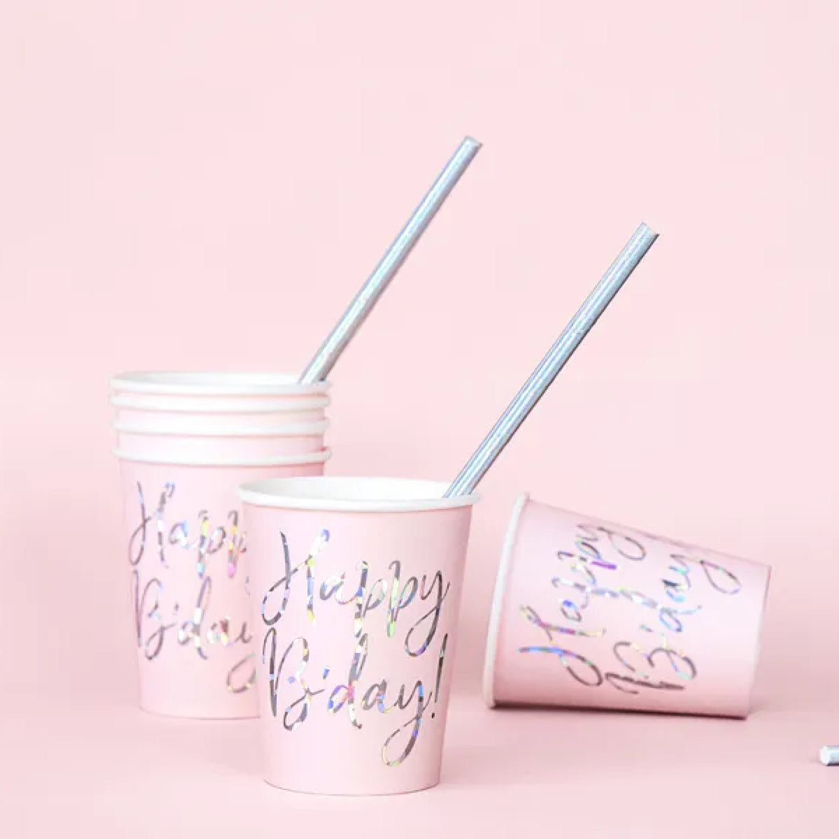 Papkrus Happy B'day! Pudderrosa med Holografisk Tekst – 220 ml – 6 stk.