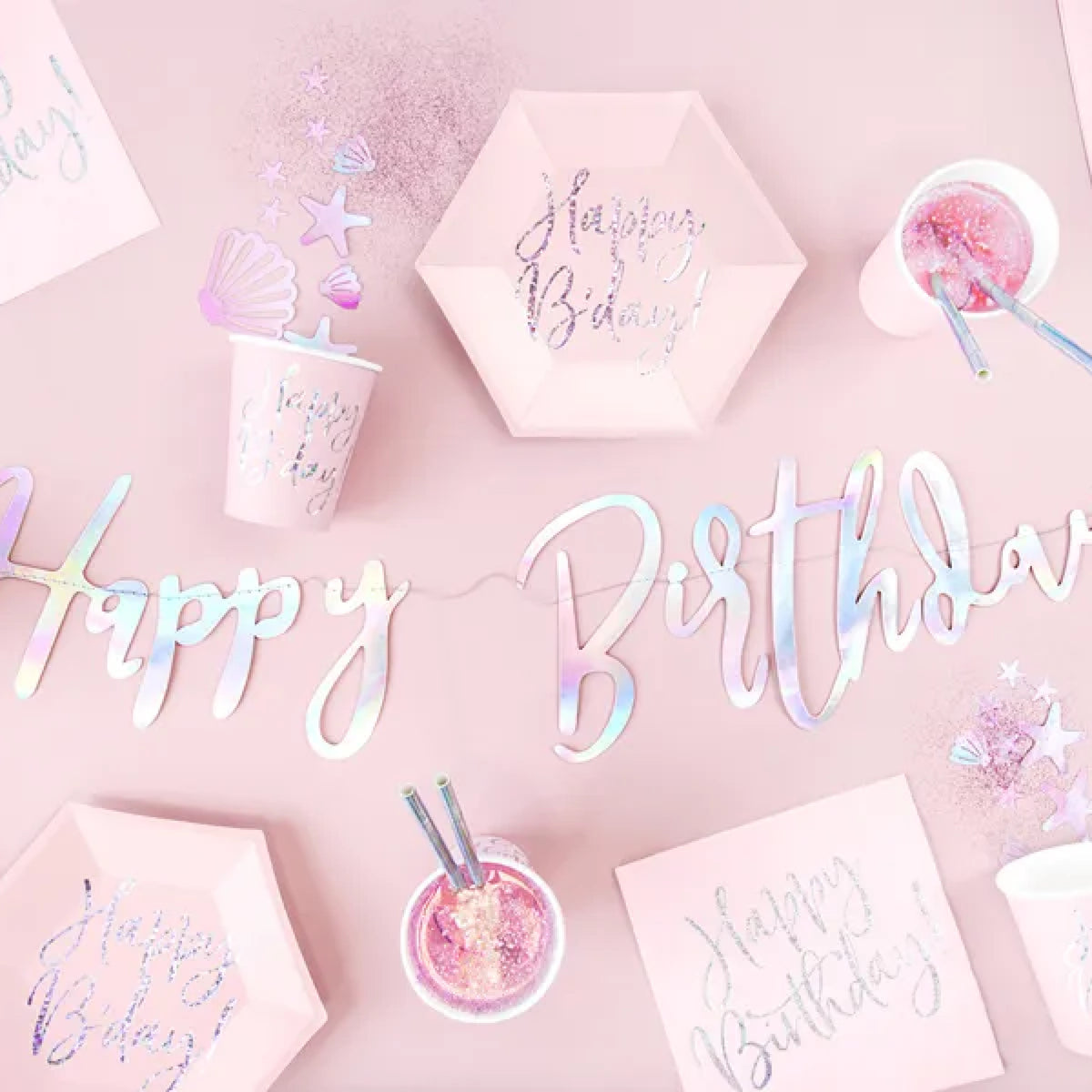 Papkrus Happy B'day! Pudderrosa med Holografisk Tekst – 220 ml – 6 stk.