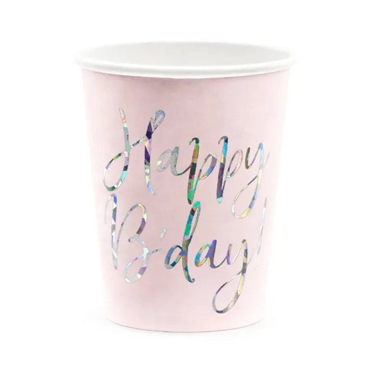 Papkrus Happy B'day! Pudderrosa med Holografisk Tekst – 220 ml – 6 stk.